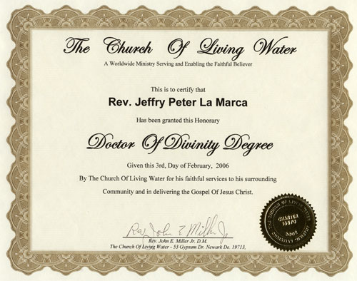 Doctor of Divinity Diploma: The Church of Living Water