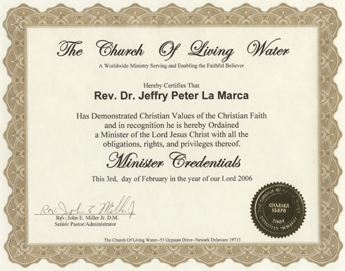 Certificate of Ordination: The Church of Living Water