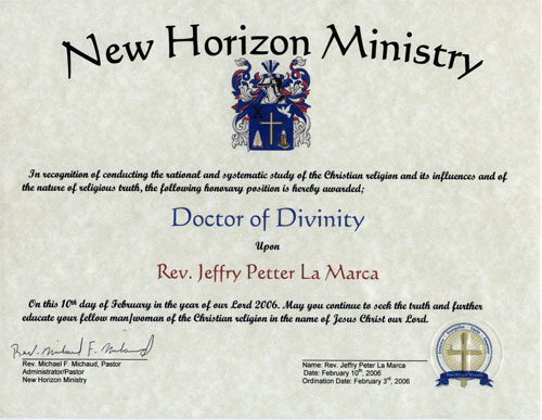 Doctor of Divinity Diploma: New Horizon Ministry