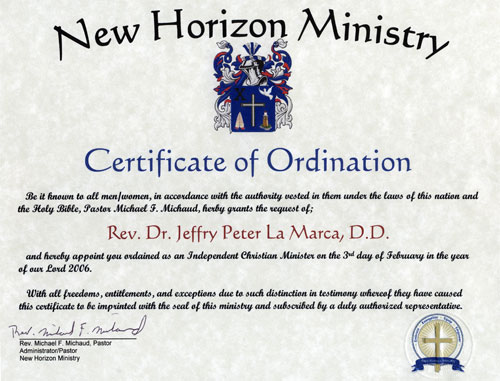 Certificate of Ordination: New Horizon Ministry