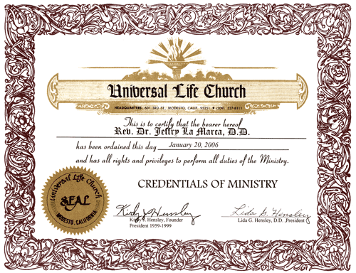 Certificate of Ordination: Universal Life Church