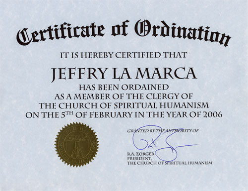 Certificate of Ordination: Church of Spiritual Humanism