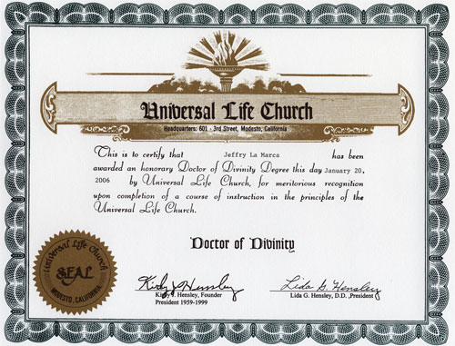 Doctor of Divinty Diploma: Universal Life Church