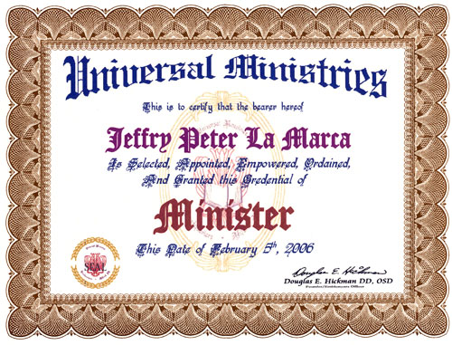 Certificate of Ordination: Universal Ministries
