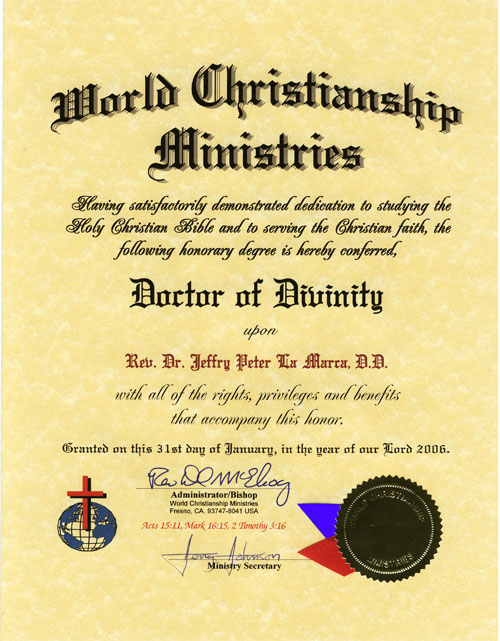 Doctor of Divinity Diploma: World Christianship Ministries