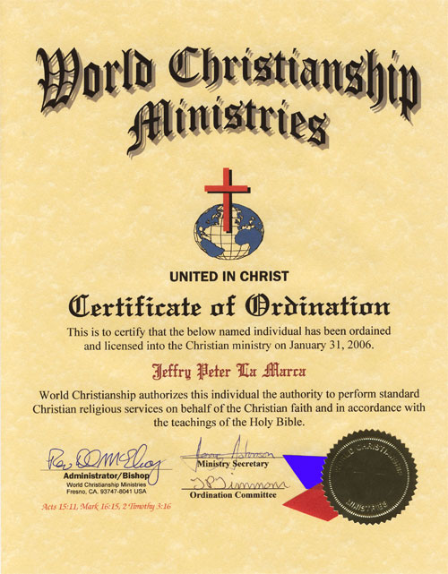 Certificate of Ordination: World Chrisitianship Ministries