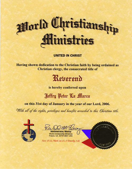 Certificate of Title of Reverend bestowed upon Jeff La Marca