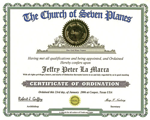 Certificate of Ordination: Church of Seven Planes